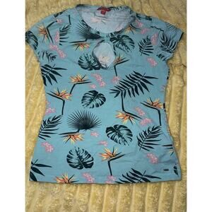 Women’s Tropical Keyhole Tee Shirt Guess Teal Size Small